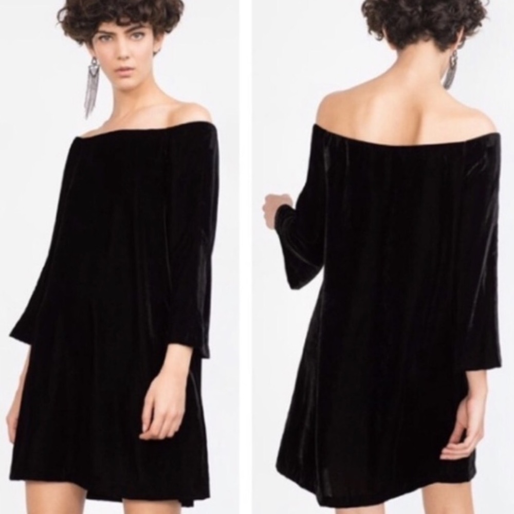 Zara Off The Shoulder Velvet Black Dress